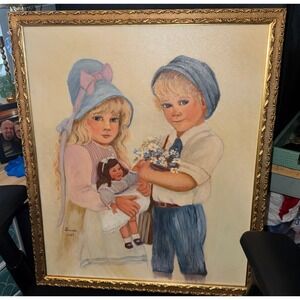 Vintage Sarah 1989 Signed Oil Painting Boy Girl Children Gold Ornate Frame Large